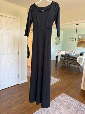 Women’s Black Choral Dress with Tie Waist and Three-Quarter Sleeves